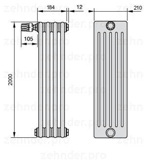 Схема (чертеж) Радиатор Zehnder Charleston 6200/4 №V012 Белый глянцевый RAL 9016